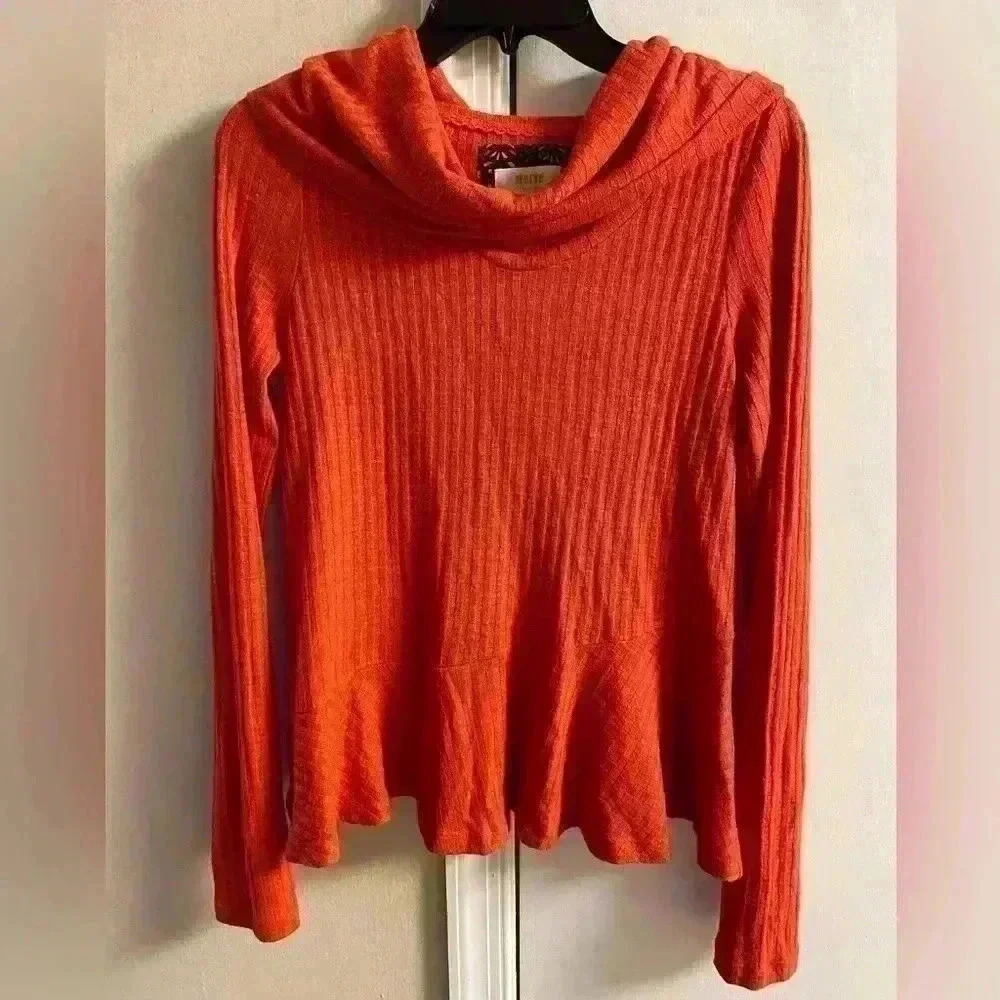 Maeve Anthropologie light orange ribbed cowl neck peplum hem top. Small